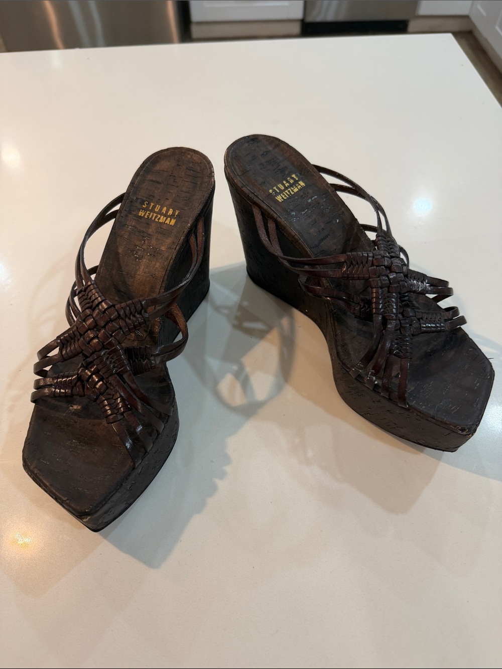 Stuart Weitzman Dark Brown Woven Leather Wedge Sandals vintage👠